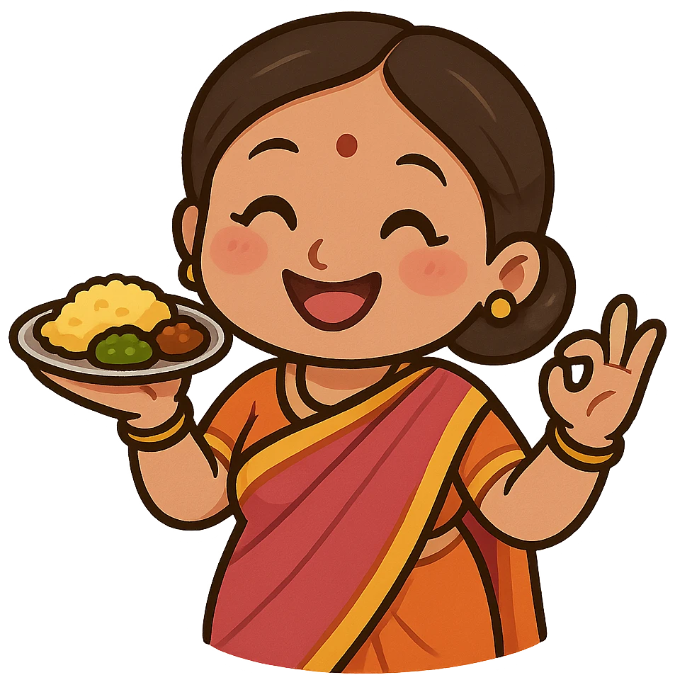 cheerful Indian auntie in bright saree, offering food with one hand, gesturing matchmaking with other, cartoon sticker emoji style, warm inviting expression emoji