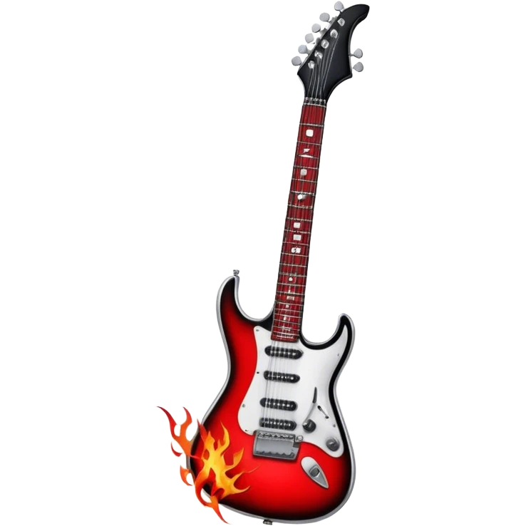 Create a bold and powerful emoji representing rock vocal performance in a humanless collage. The design should feature a vintage microphone at the center, surrounded by a heavy, aggressive hardcore electric guitar with sharp, jagged edges. Include crossed drumsticks behind the guitar, symbolizing the intense rhythm of rock music. Add fiery elements like flames or lightning bolts to enhance the raw energy of the design. Use dark, bold colors like black, red, and silver, with metallic or chrome accents to reflect the rebellious, hard-hitting nature of rock. The background should be transparent. emoji