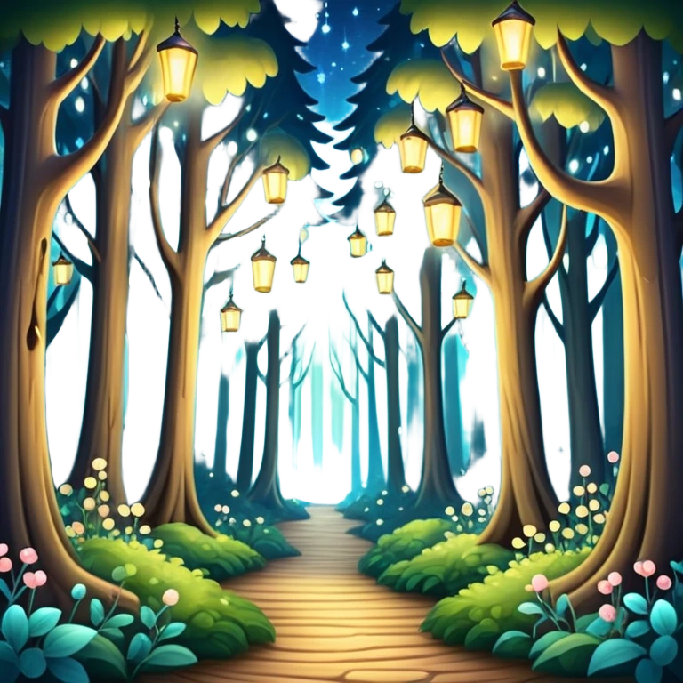 enchanted forest with tall trees and sparkling lights in a whimsical atmosphere emoji