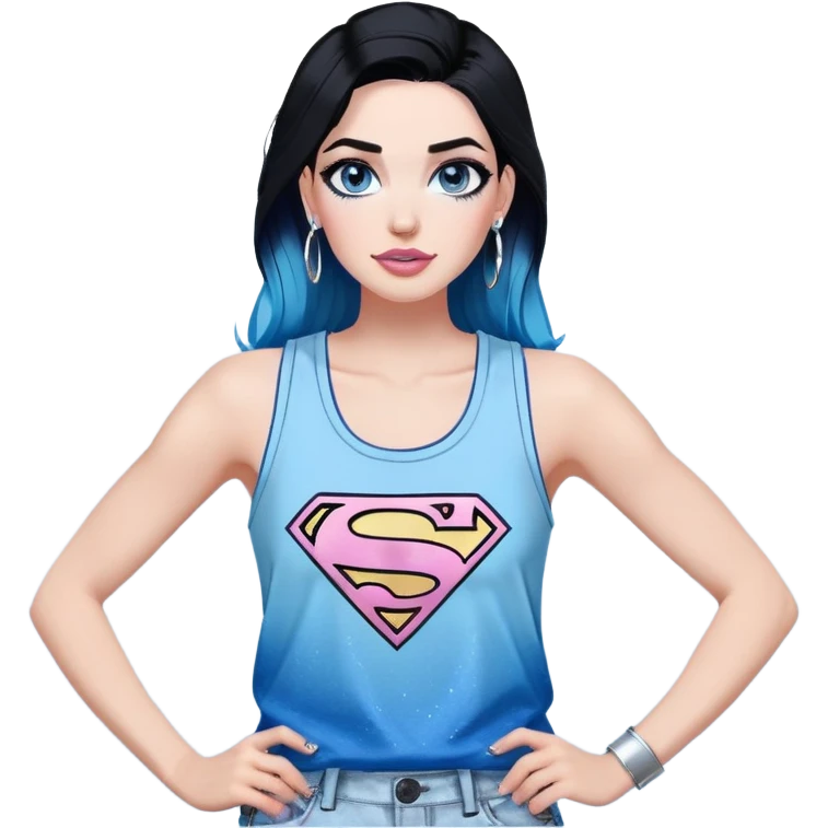 Tall-Large upper body-very excited-very-beautiful-face-white ripped cargo pants-light-pink-lips-very long-very-straight-dark-blue-ombre-hair-and-blue-eyes-thick-black-eyeliner-thick-long-eyelashes-sky-blue-superman-tank-top-with-glitter-and-silver-hoop-earrings emoji