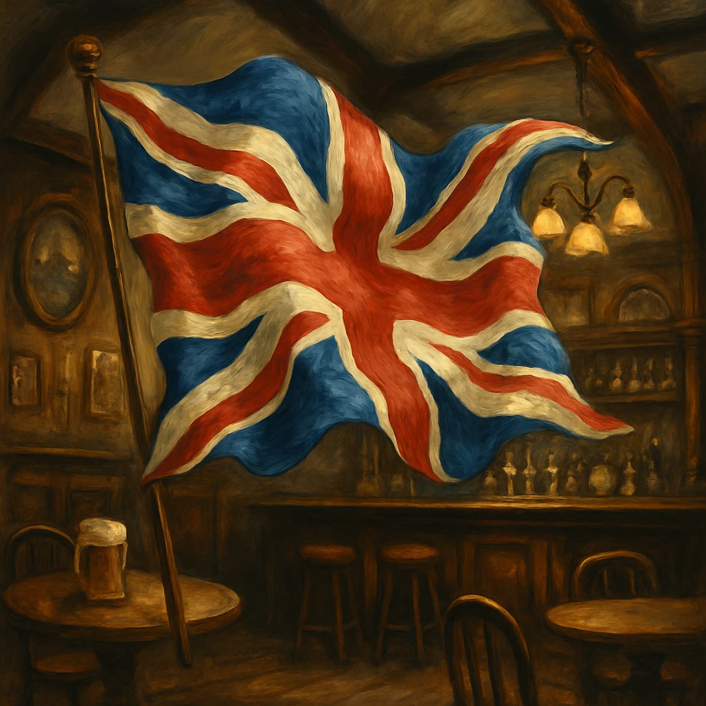 A waving Union Jack flag, floating in the air, whimsical and slightly surreal, traditional English pub theme emoji