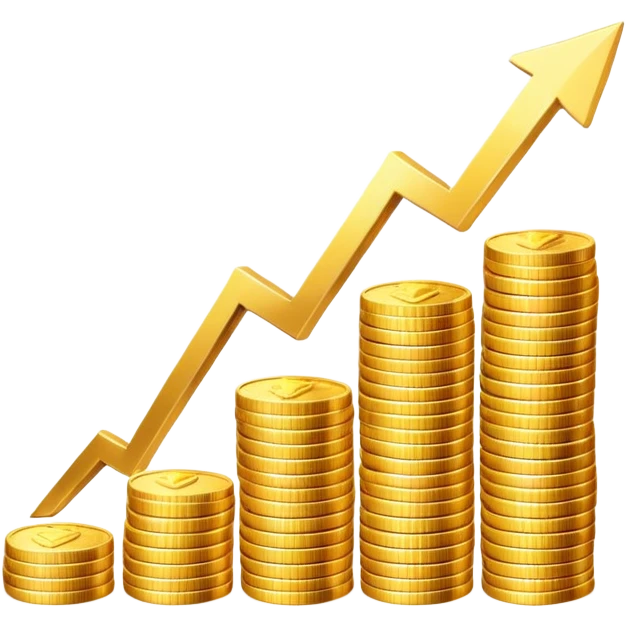 upward arrow next to gradually increasing stacks of gold coins, showing progression emoji
