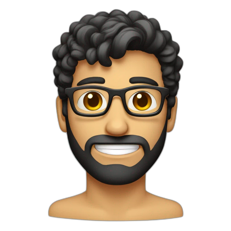 hombre moreno, lentes cuadrados, cabello negro peinado, feliz emoji