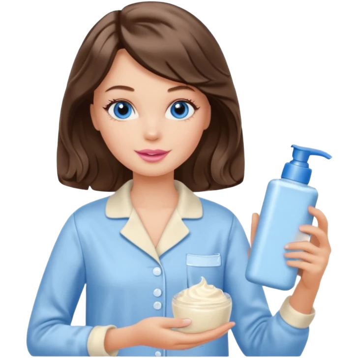 Barbie girl with makeup, blue eyes , and bob long haircut wavy, short brown hair in creamy color pajamas, face cream in hand emoji