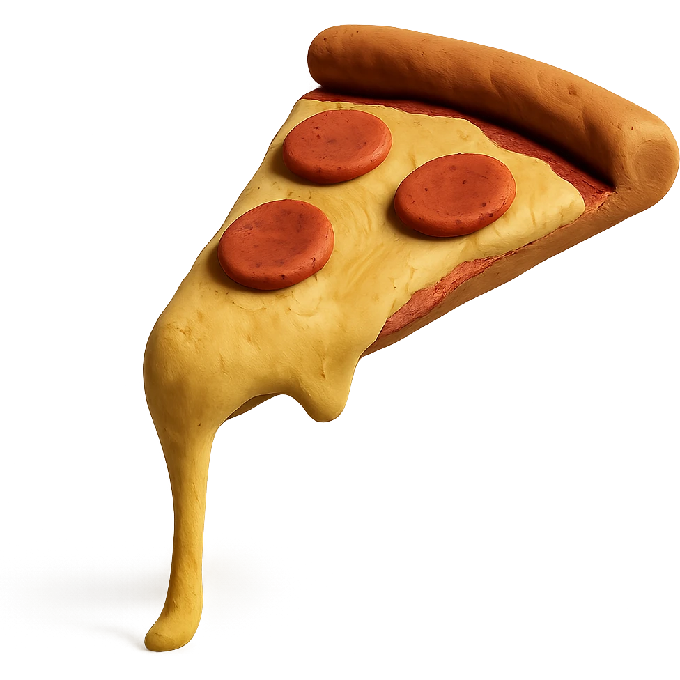 pizza slice with extra cheese stretching from the tip in claymation style emoji