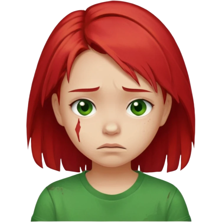 Young girl with red, damaged, and unattractive hair, wearing a green T-shirt, with a sad and subdued expression. emoji