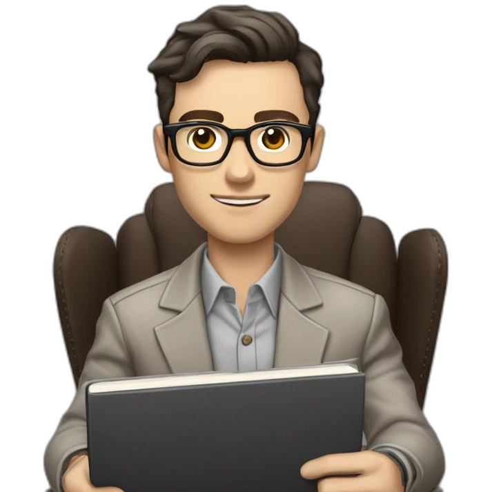 Pale skinned Fit Man With dark brown hair in gray jacket with emblem Ψ, beige office shirt and vintage glasses sitting In a chair with a notebook and a pen in his hands emoji