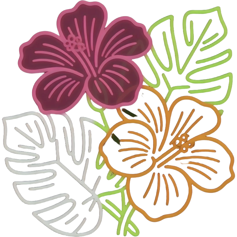 A tropical hot pink, neon lime,neon orange, and white floral line art on a sleek black background, designed to be inviting, playful and minimal, 16k hd professional quailty, must not be blurry, must be no emoji faces, emoji icons, no human figures  emoji