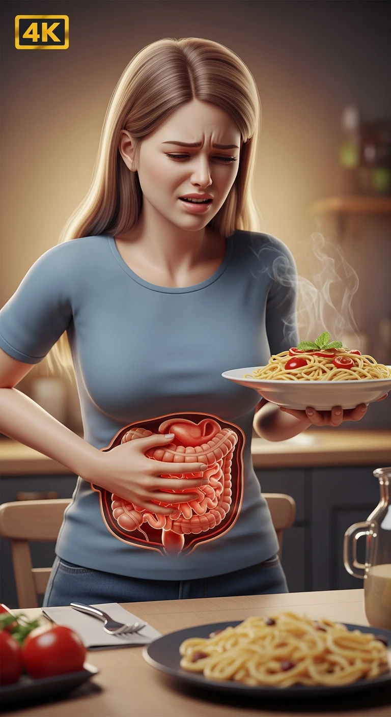 DONNA CON INTESTINO UMANO ANATOMICO REALISTICO IN EVIDENZA E MAL DI PANCIA MENTRE TIENE IN MANO UN PIATTO DI PASTA , IPERREALISTICO 4K emoji