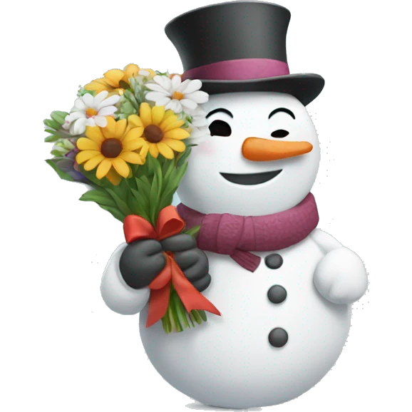 snowman holding a bouquet of flowers while smiling emoji