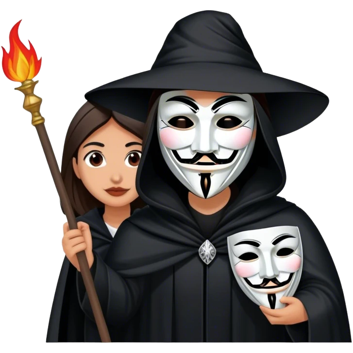 AOC in a black cloak revealing herself behind a guy fawkes mask emoji