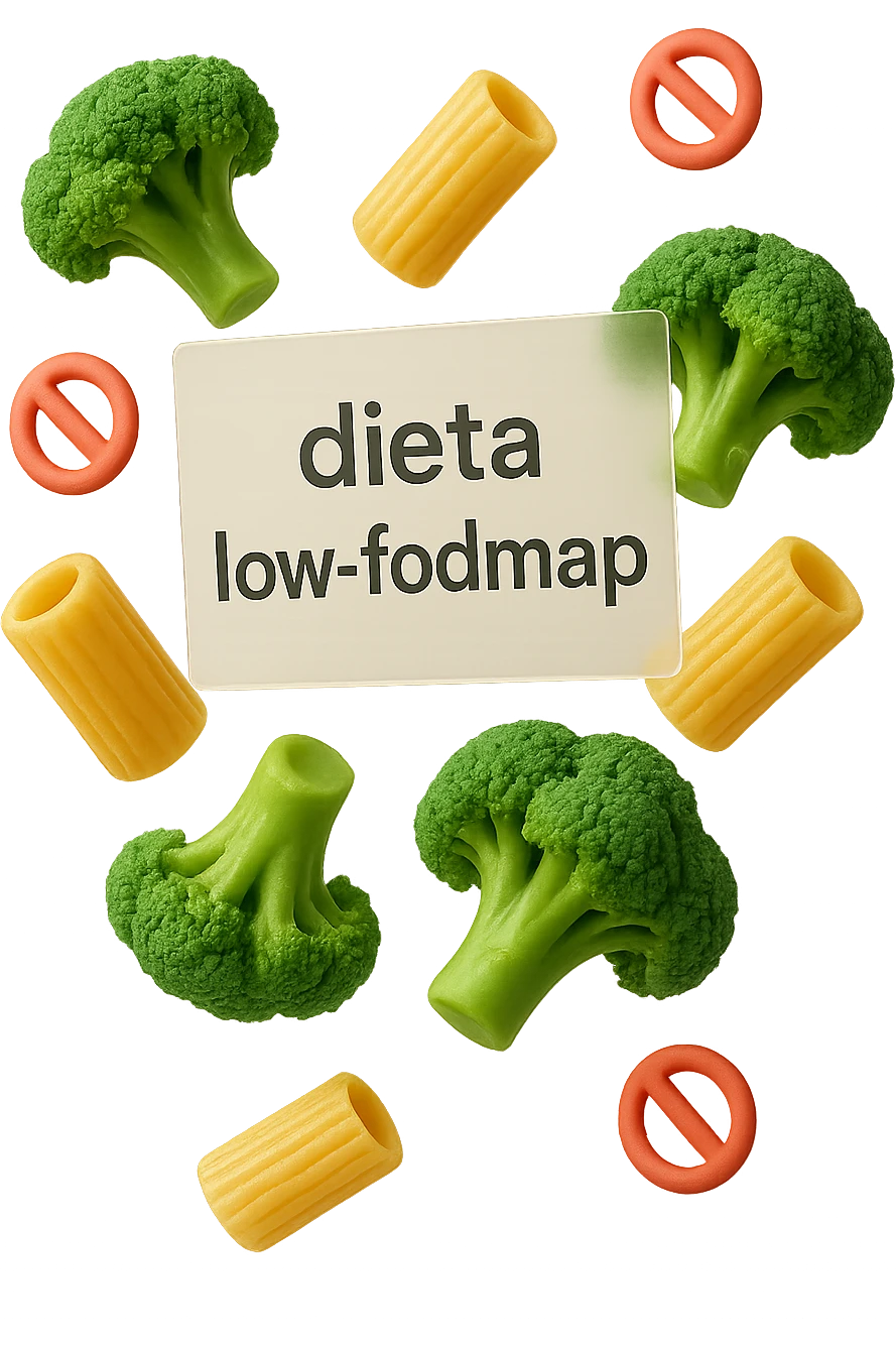 BROCCOLETTI E PENNE DI PASTA RIGATE FLUTTUANO IN ARIA insieme a piccoli divieti 3d, DAVANTI A LORO FLUTTUA UN FOGLIO CON LA SCRITTA "dieta low-fodmap" emoji