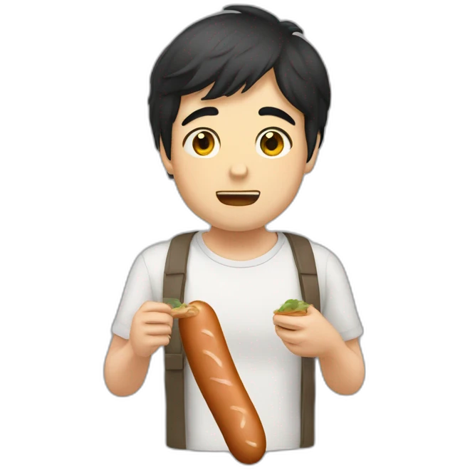 Kawai men with dark hair eating sausage face emoji