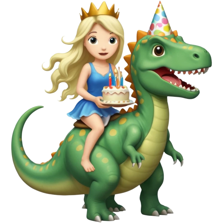 Fairy riding a dinosaur presenting a birthday cake emoji