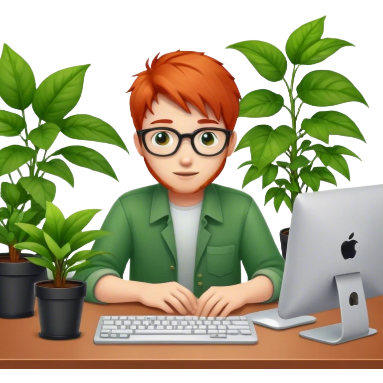 Generate a redhead programmer boy sitting at a desk with plants emoji