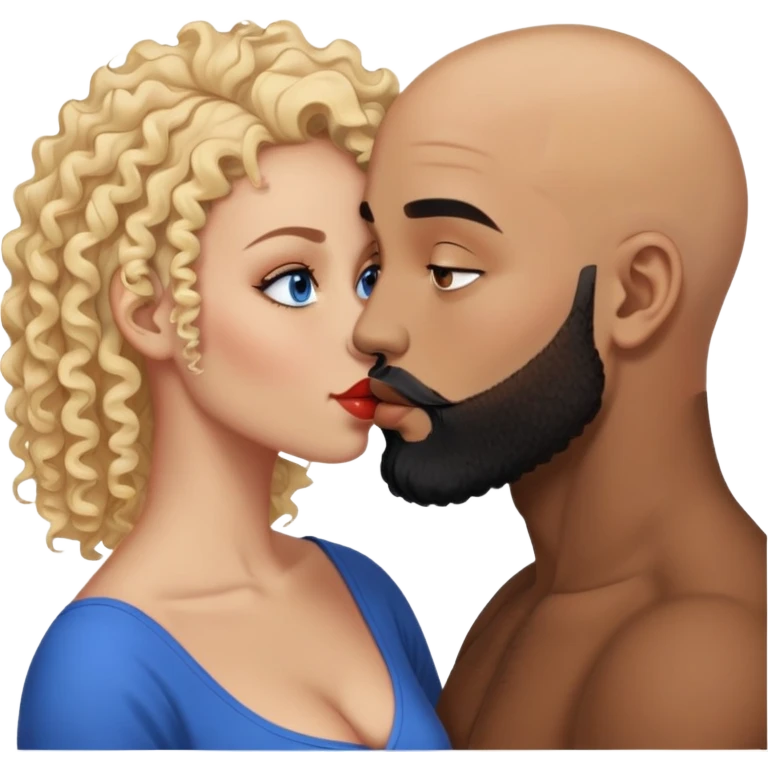 bald head man with brown eyes and black beard kissing African woman with blue eyes and curly blonde hair emoji