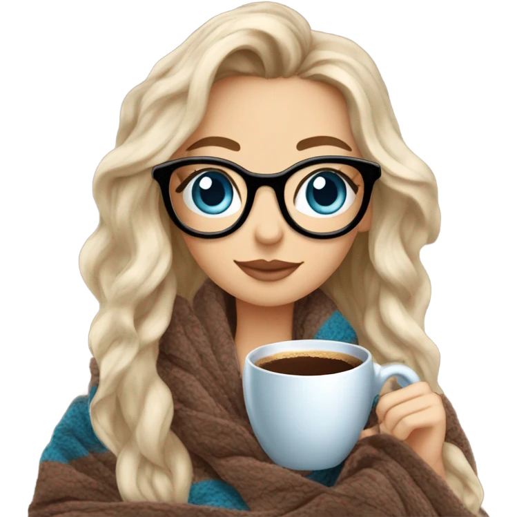 Balayage hair Girl drinking coffee, with a cozy blanket wearing glasses with blue eyes beautiful  emoji
