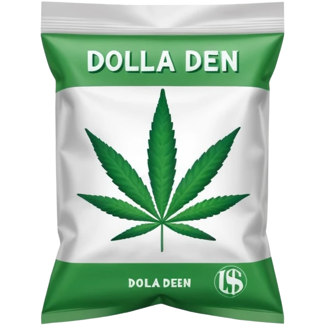 Weed pound baggie with the name Dolla Den and a logo emoji