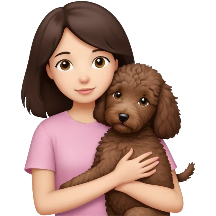 One girl with medium long dark brown hair dressing baby pink T-shirt, hugging One little brown coated labradoodle. emoji