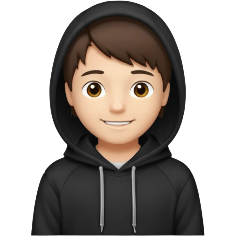 A brunette boy, short straight hair, light brown eyes, with a black sweatshirt with a hoodie, and smile  emoji