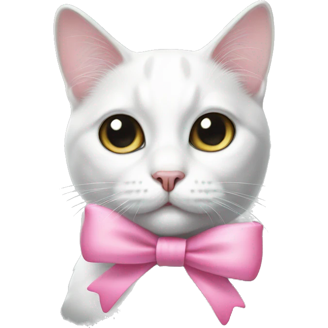 White cat with black spots and a pink bow emoji