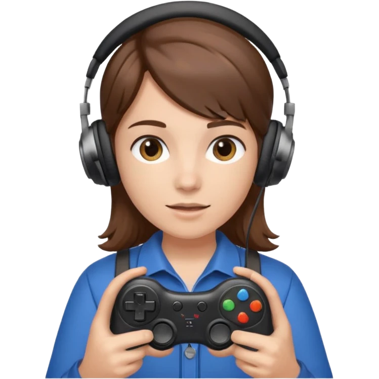 Una persona mirando al frente con un control de videojuegos y unos auriculares Gamer con micrófono emoji