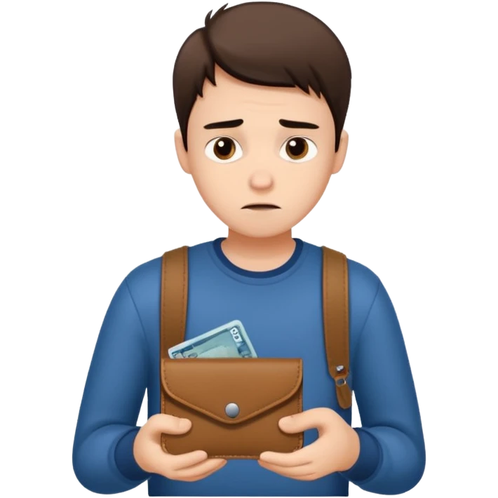 A young guy looks sadly at his empty wallet. emoji