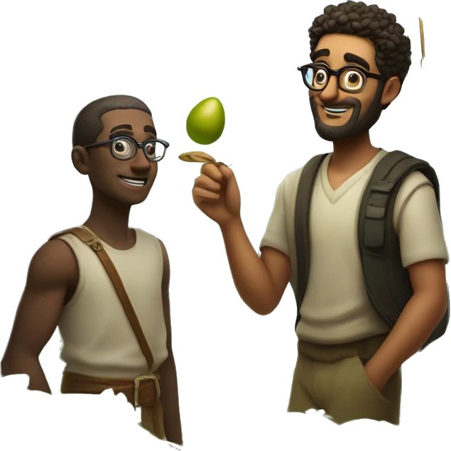 Irani Guy with Glasses, and osiris hair, looking for olives in the Forrest, With a fairy holding a tootpick emoji