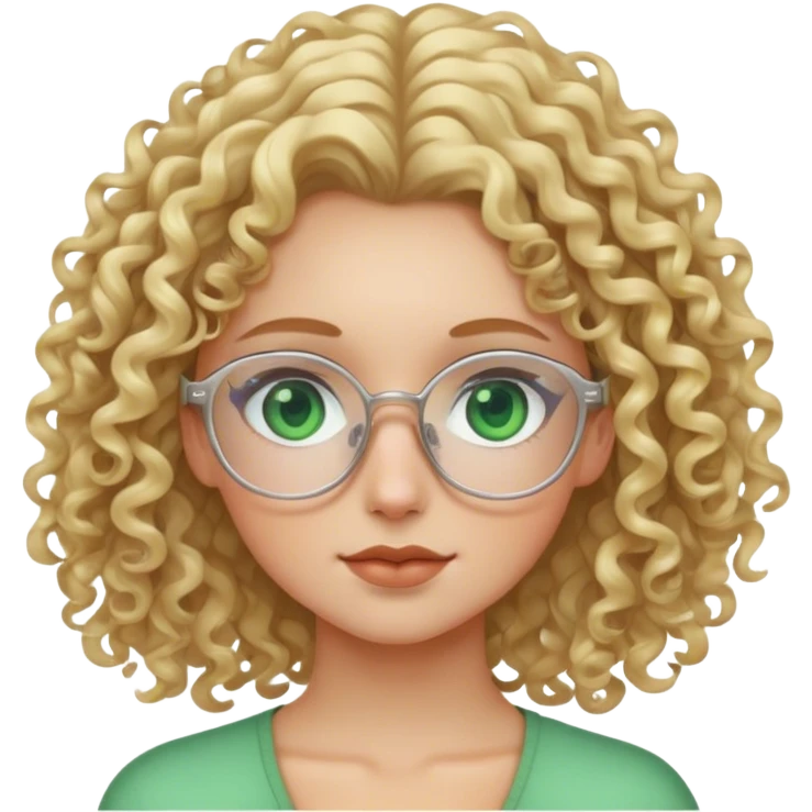Blonde girl with curly hair and green eyes and clear glasses emoji