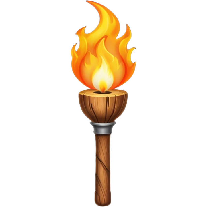 Indiana Jones-style flaming torch: worn wooden stick, bright orange flame, dark and realistic atmosphere. emoji