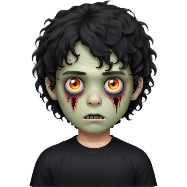 Boy, zombie, black curly wavy hair, medium hair, emo, round shaped hair, dark hair, spooky, creepy expression, fringe in the eyebrows height, with Black t-shirt  emoji