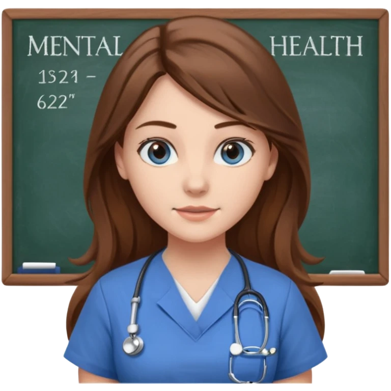 university classroom that says Mental Health Nursing on the blackboard with a pretty female nursing student with long brown hair, blue eyes emoji