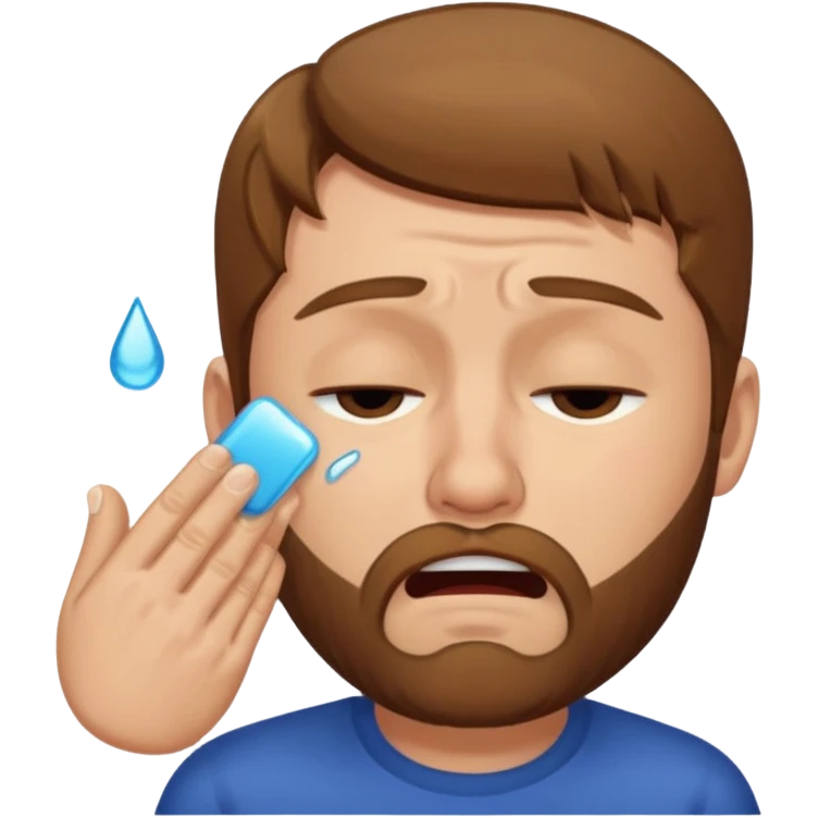 A man with light brown hair and a short brown beard making a wah cry face with eyes closed emoji