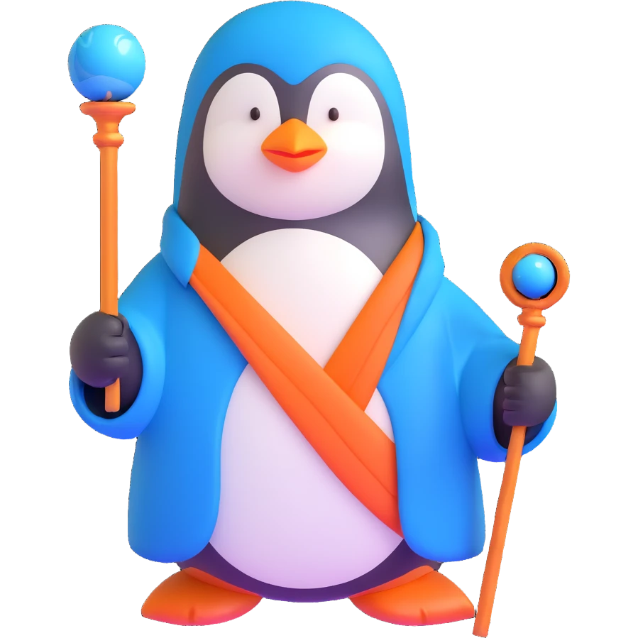 penguin wizard with a blue robe and magical staff emoji