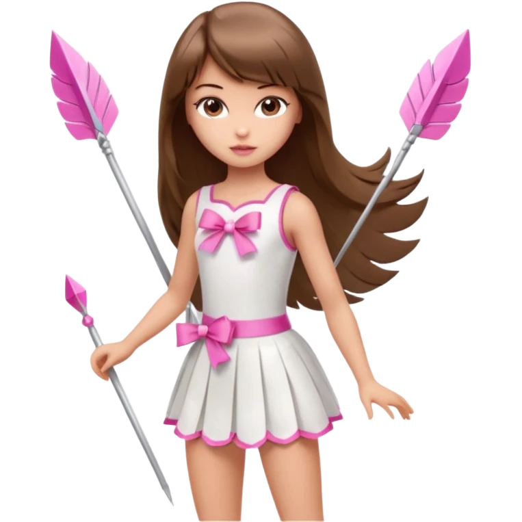 Hada sexy cupido pequeña  de cabello largo lacio castaño con flequillo y ojos cafés  vestida con algo sensual corto color blanco o rojo arco delgado con un color que combinen   y flechas  igual delgadas  que combinen y labios rosas tipo Barbie pero en hada cupido de cuerpo completo ojos sexys  emoji