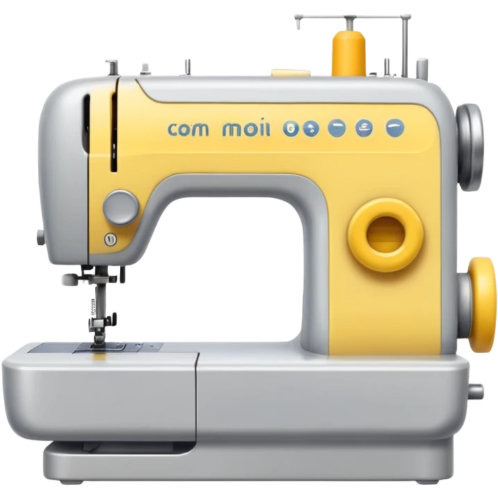 Emoji of a modern sewing machine inspired by a Brother machine. Soft, rounded shapes in the style of Apple emojis, with subtle gradients and soft shadows. White body with light gray details, a yellow spool on top emoji