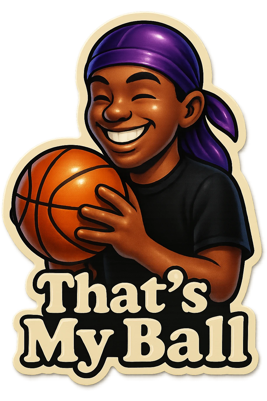 grin eyes 
Holding Basketball with 2 hands
make his shirt Black
Change His durag To Purple
Make it say " That's My Ball  " emoji