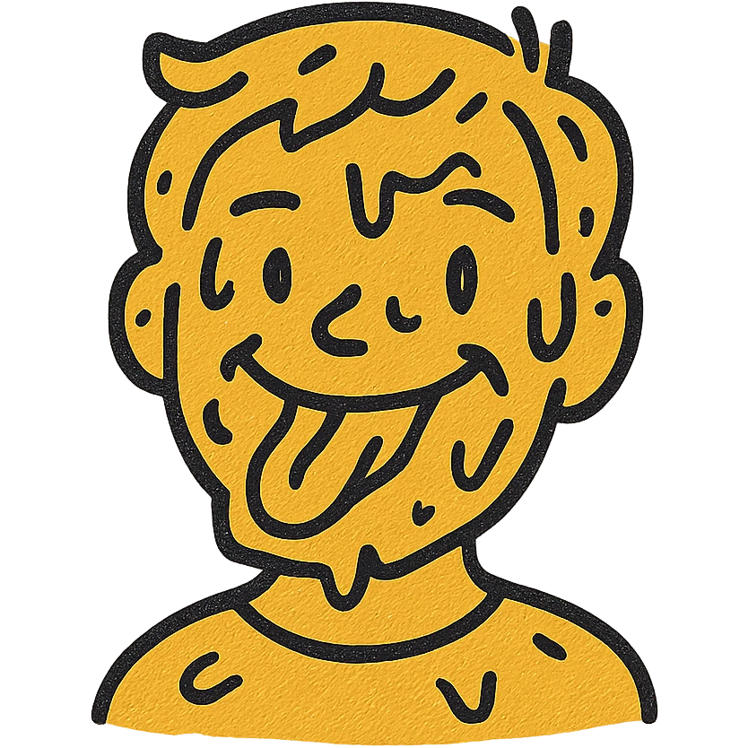 Add much more mustard all over his face, keep the hand drawn style and transparent background. emoji