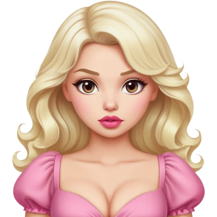 gorgeous woman with platinum wavy blonde hair with big puffy pouting lips, wearing a pink dress with cleavage emoji