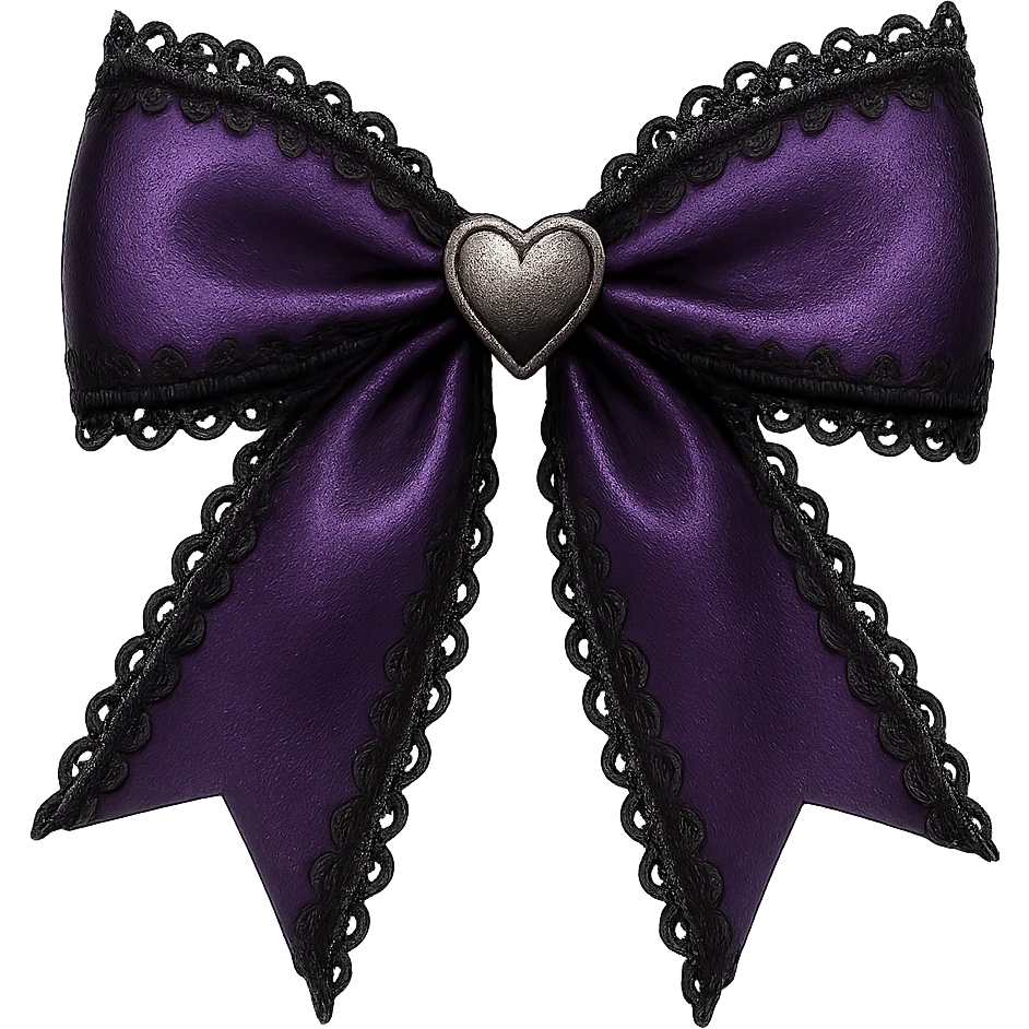 Purple gothic bow with black lace trim and heart charm, remove background emoji