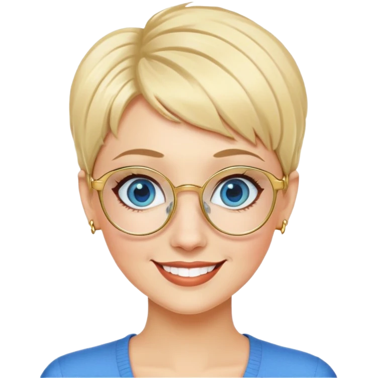 blonde teacher with pixie haircut, gold glasses, blue eyes, big eyelashes, nice smile emoji
