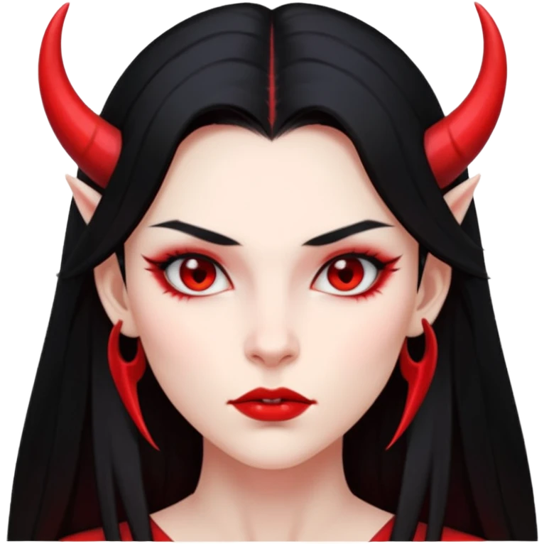 Head only demon girl, strong pronounced cheekbones, sharp angular jawline, skin fully pure red everywhere, long straight sleek black hair, small ho emoji