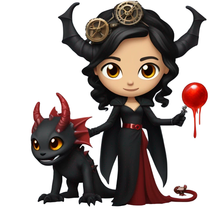 Lavish black evening gown with see-through gloves, Jenna Ortega as Addams girl Jedi wearing a steampunk mini tiara, very large blood red evil-looking horned dragon emoji