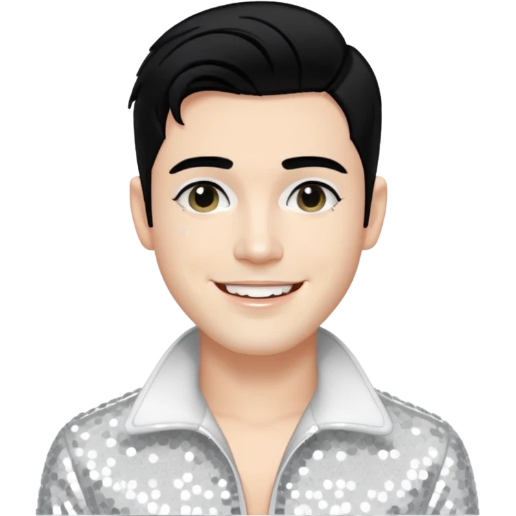 Sugar Bones, Male Electropop Singer from Confidence Man with black hair with white highlights, white sequin outfit emoji