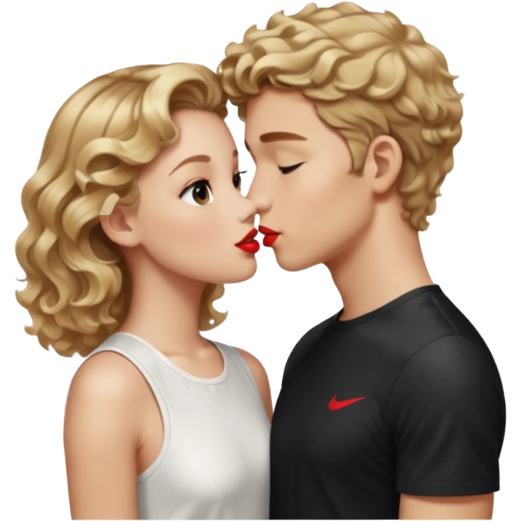 A girl with balayage blond curls kissing a boy with light brown hair. She wears a dress white and he wears a wihite sports shirt from nike emoji