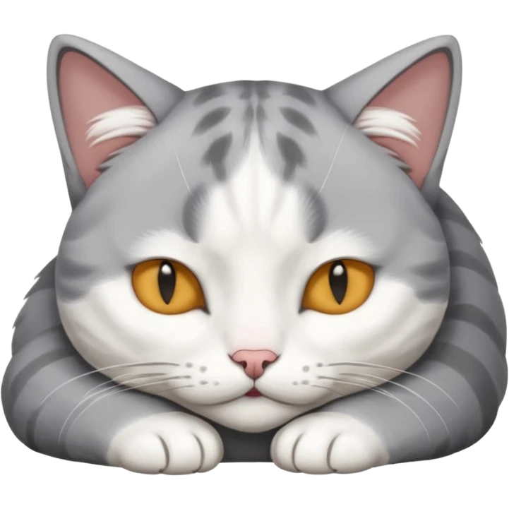 grey and white small cat with its eyes closed lying down with his head leaning on his paw emoji
