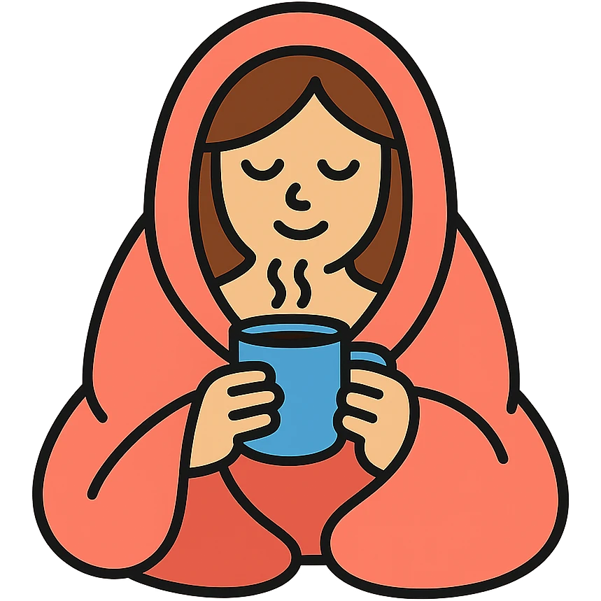 girl inside a blanket sipping coffee, eyes closed, style 6 emoji