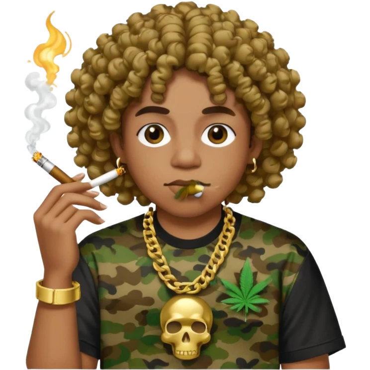 curly hair wearing bathing ape shirt smoking weed with grills emoji