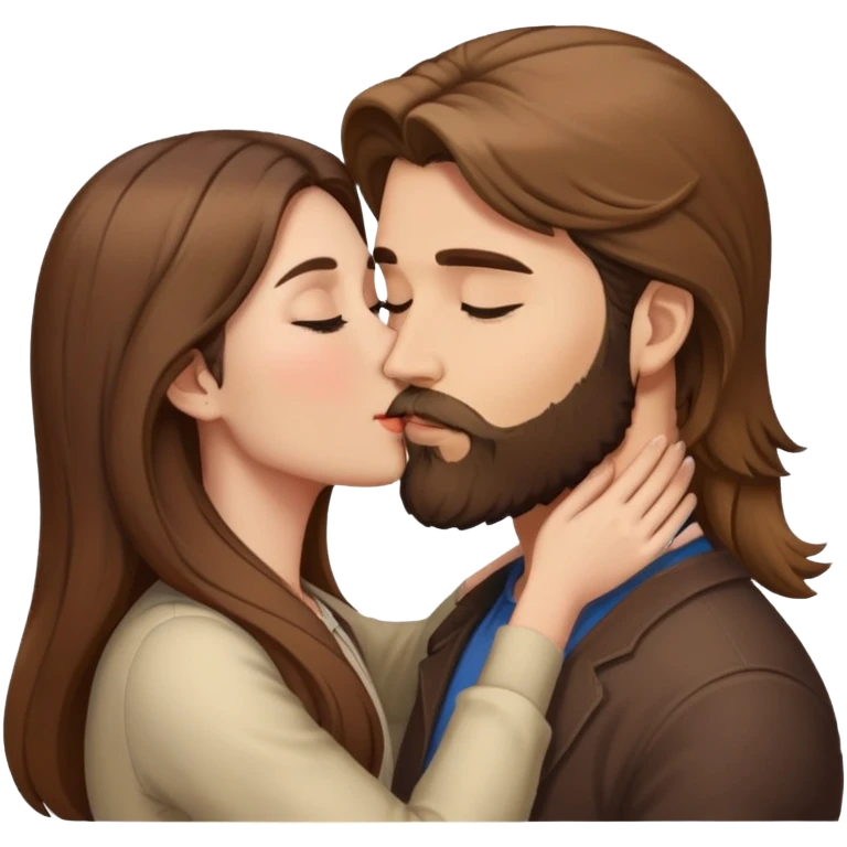 Light brown haired man with beard kissing brunette woman with long hair emoji