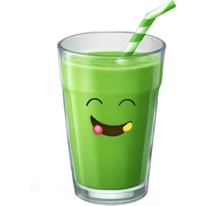 Generate a bright green smoothie emoji in a glass cup with a straw, decorated with a mint leaf and a smile. emoji